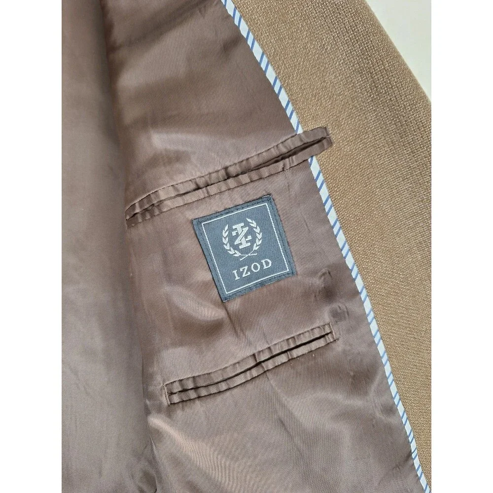 Izod Sports Coat Men's 46L Brown Woven Tweed Lined 2 Button Blazer Pocket Jacket